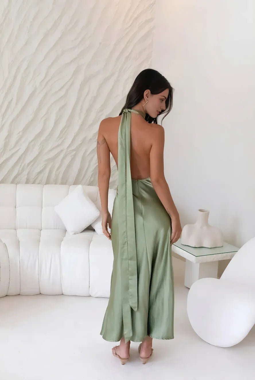 Sheath Halter Neck Sleeveless Open Back Ankle-Length Cocktail Dress