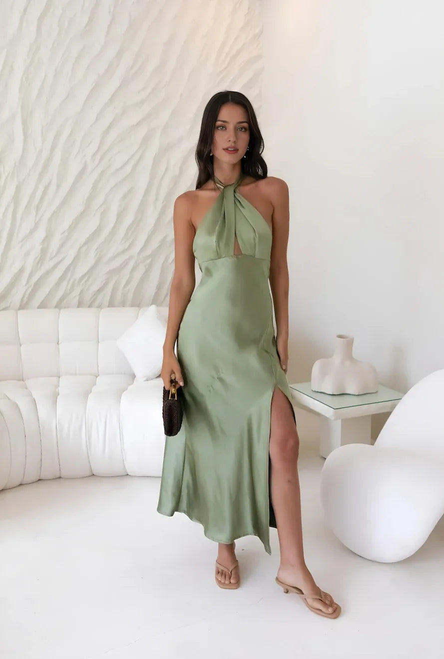 Sheath Halter Neck Sleeveless Open Back Ankle-Length Cocktail Dress