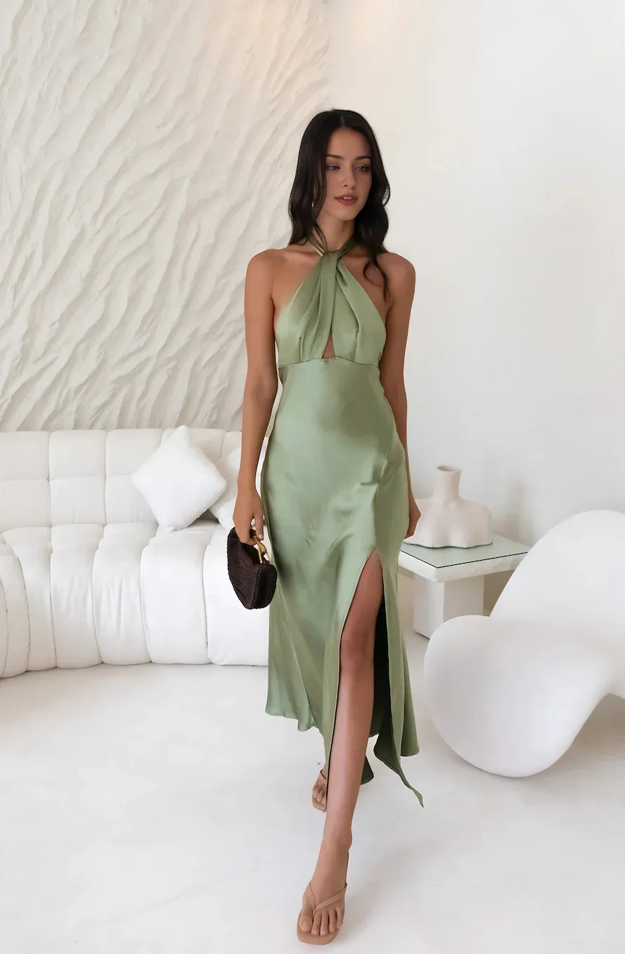 Sheath Halter Neck Sleeveless Open Back Ankle-Length Cocktail Dress