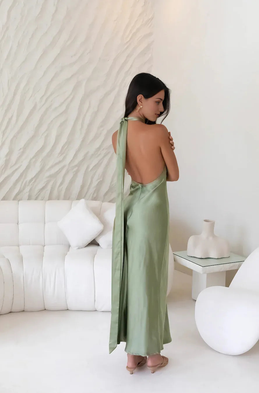Sheath Halter Neck Sleeveless Open Back Ankle-Length Cocktail Dress