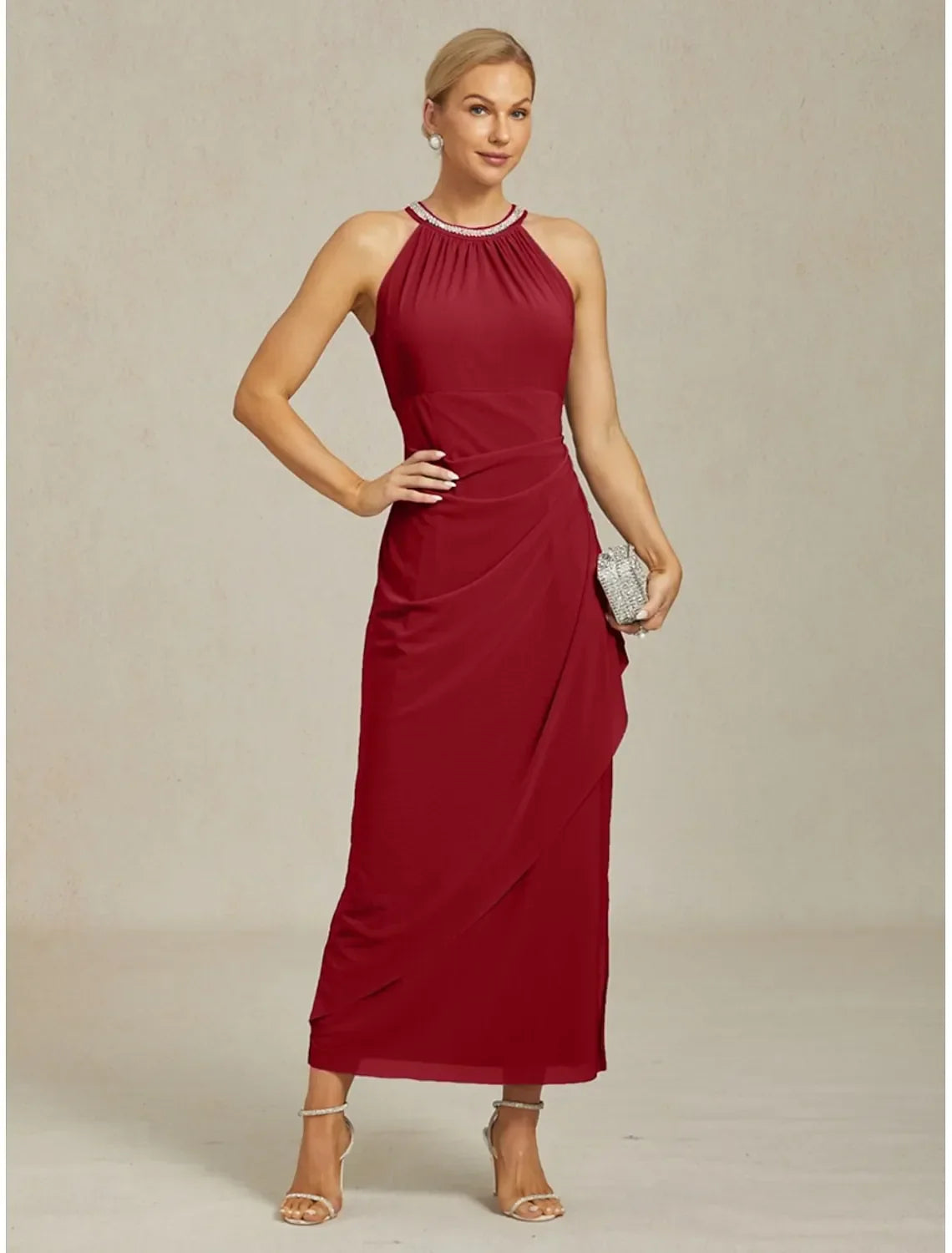 Elegant Sheath Halter Neck Sleeveless Ruched Burgundy Maxi Evening Dress for Women Ready to Ship