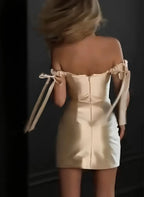 Sheath Off-Shoulder Tie Bow Ruched Champagne Mini Homecoming Dress