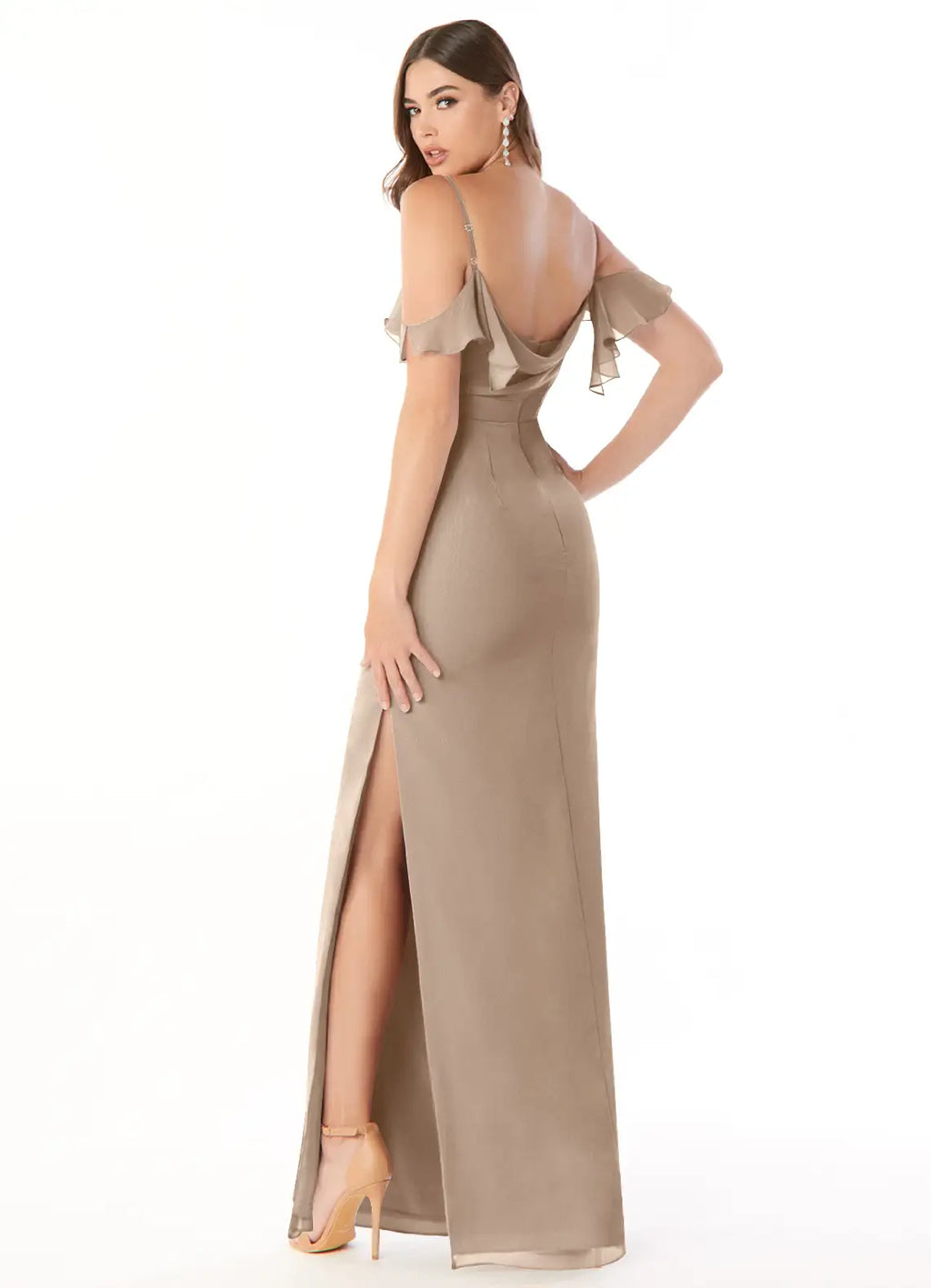 Elegant Sheath Off-the-Shoulder Ruffled Strap Cowl-Back Floor-Length Bridesmaid Dress with Slit