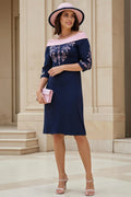 Sheath Off The Shoulder Short Sleeve Zipper Up Tea-Length Mother of the Bride Dress