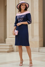 Sheath Off The Shoulder Short Sleeve Zipper Up Tea-Length Mother of the Bride Dress