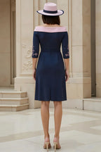 Sheath Off The Shoulder Short Sleeve Zipper Up Tea-Length Mother of the Bride Dress