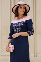 Sheath Off The Shoulder Short Sleeve Zipper Up Tea-Length Mother of the Bride Dress
