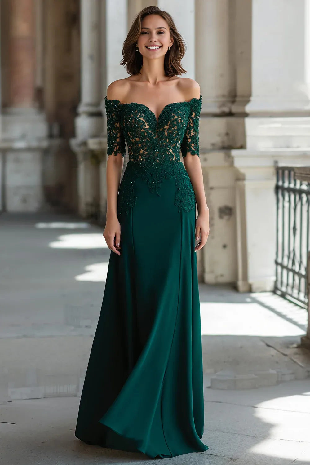 Sheath Off the Shoulder Short Sleeve Zipper Up Floor-Length Mother of the Bride Dress