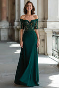 Sheath Off the Shoulder Short Sleeve Zipper Up Floor-Length Mother of the Bride Dress