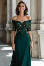 Sheath Off the Shoulder Short Sleeve Zipper Up Floor-Length Mother of the Bride Dress
