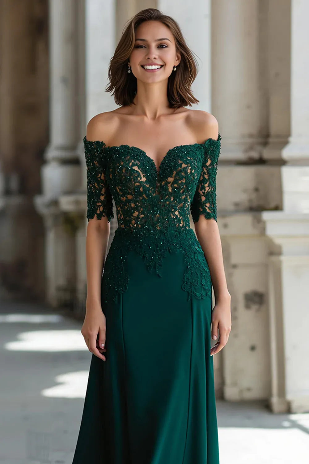 Sheath Off the Shoulder Short Sleeve Zipper Up Floor-Length Mother of the Bride Dress