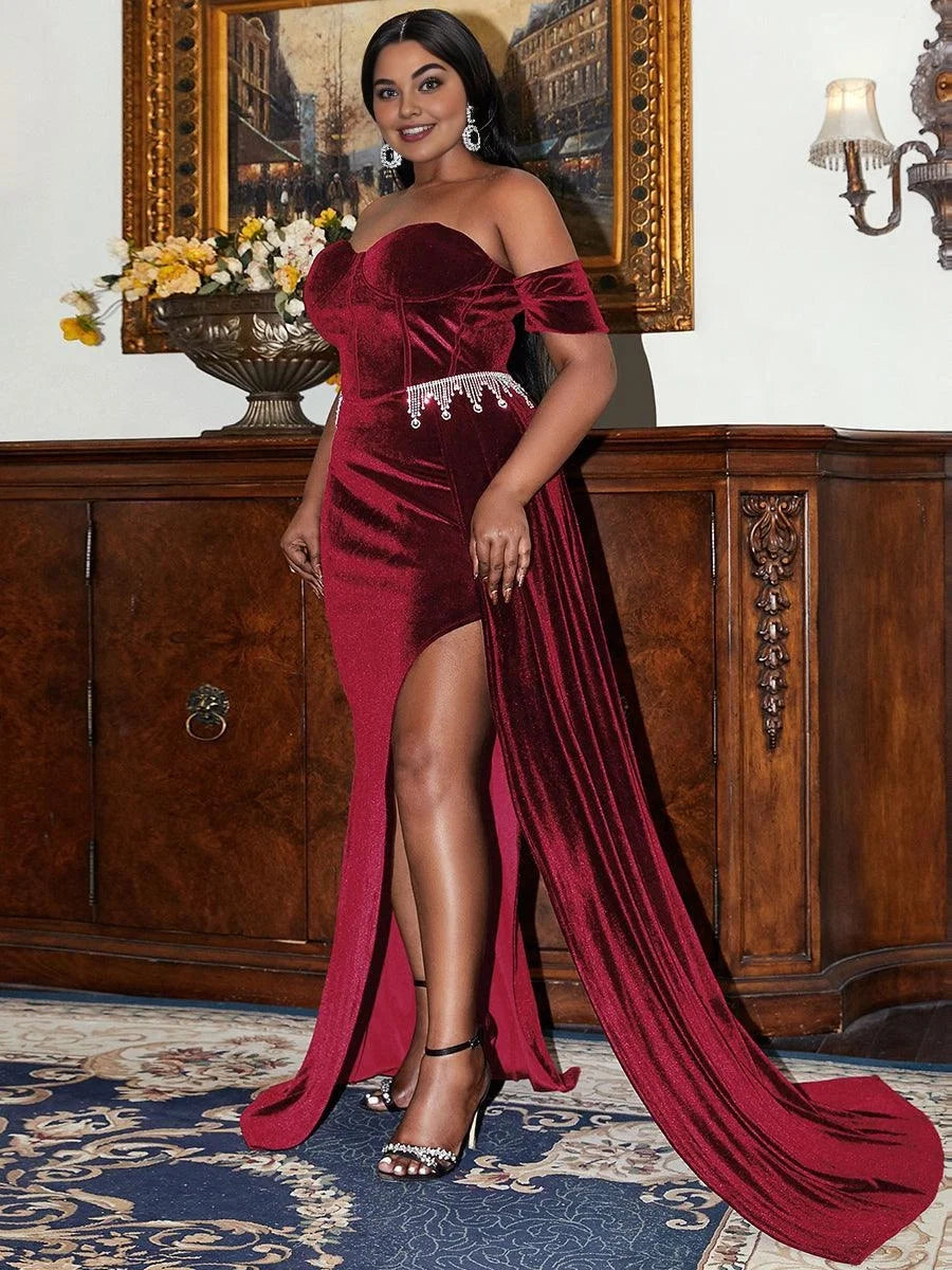 Sheath Off the Shoulder Sleeveless Backless Floor-Length Plus Size Prom Dress