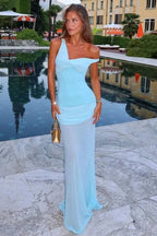 Prom Dress One Shoulder Ruched Bodice With Corset Back Light Blue For Elegant Head Turning Prom Night For Prom Queens