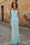 Prom Dress One Shoulder Ruched Bodice With Corset Back Light Blue For Elegant Head Turning Prom Night For Prom Queens