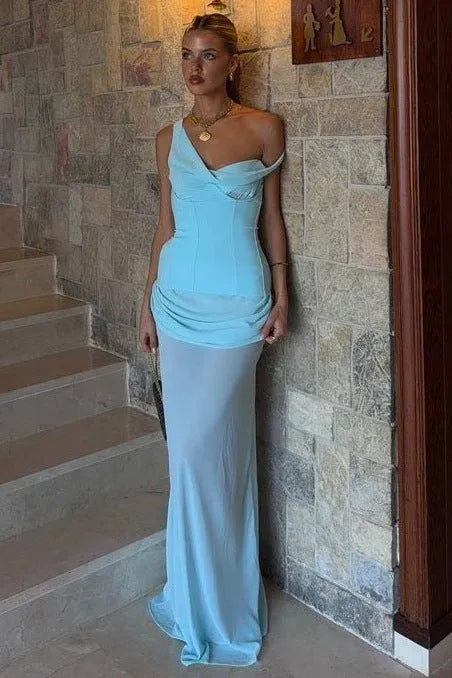 Prom Dress One Shoulder Ruched Bodice With Corset Back Light Blue For Elegant Head Turning Prom Night For Prom Queens