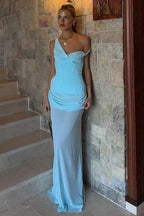 Prom Dress One Shoulder Ruched Bodice With Corset Back Light Blue For Elegant Head Turning Prom Night For Prom Queens