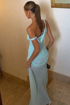 Prom Dress One Shoulder Ruched Bodice With Corset Back Light Blue For Elegant Head Turning Prom Night For Prom Queens