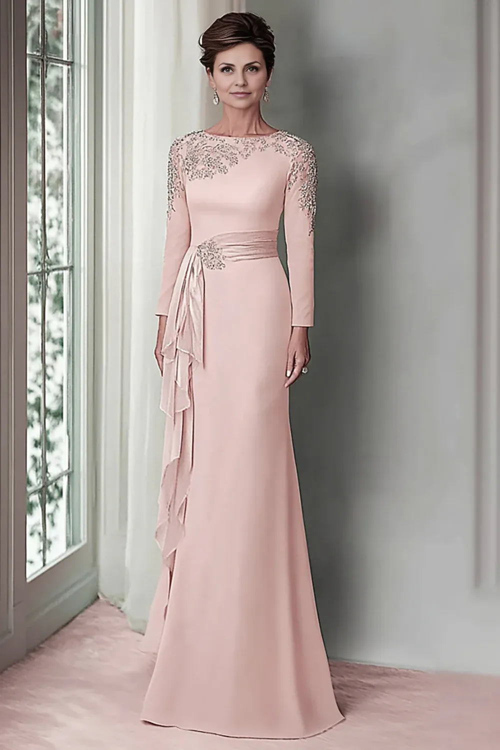 Sheath Scoop Neck Long Sleeve Zipper Up Floor-Length Mother of the Bride Dress