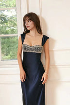 Sheath Square Neck Beaded Sleeveless Maxi Prom Dress
