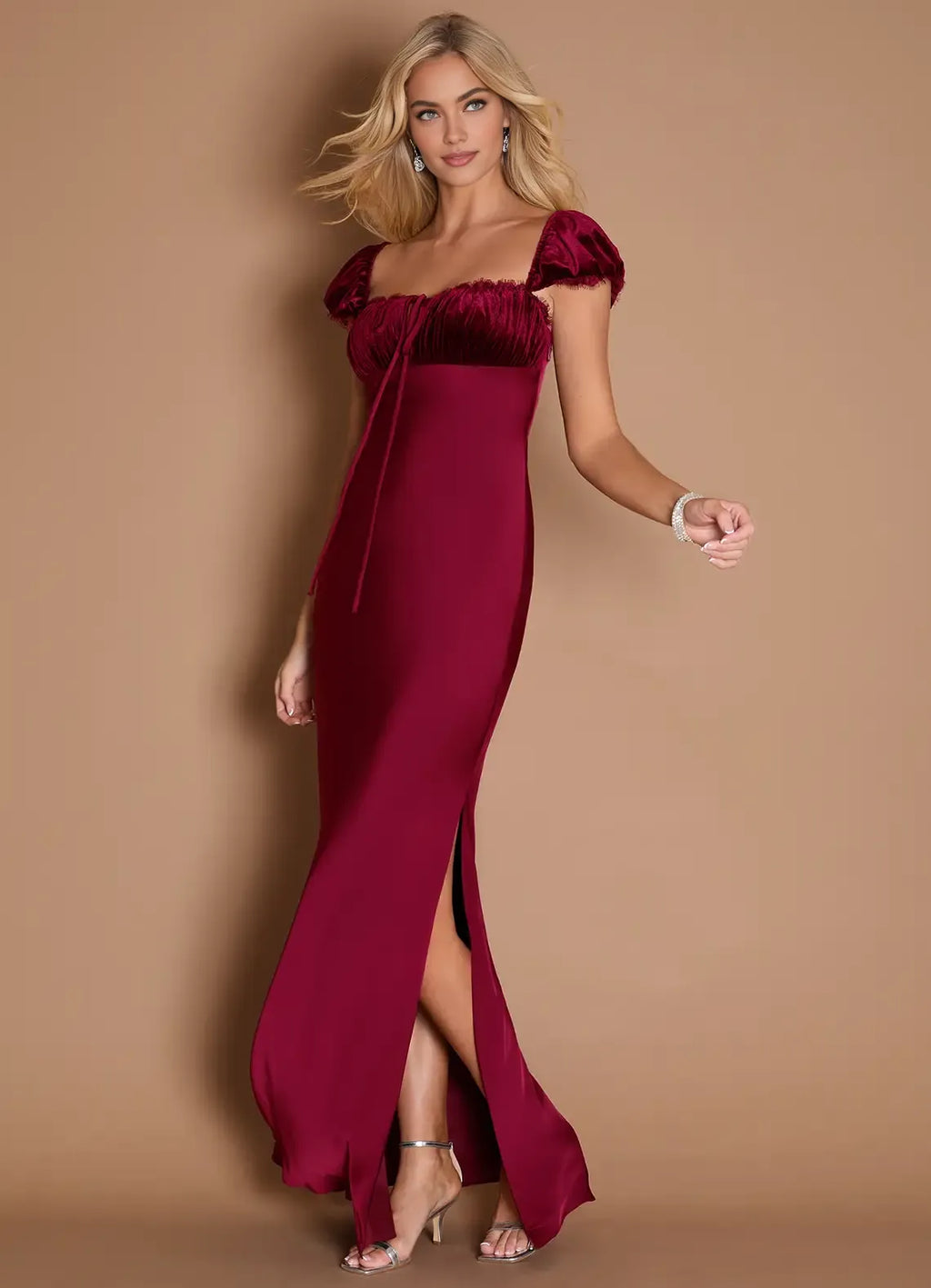 Sheath Square Neck Cap Sleeve Backless Floor-Length Evening Dress