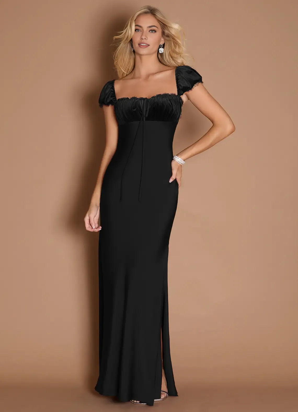 Sheath Square Neck Cap Sleeve Backless Floor-Length Evening Dress
