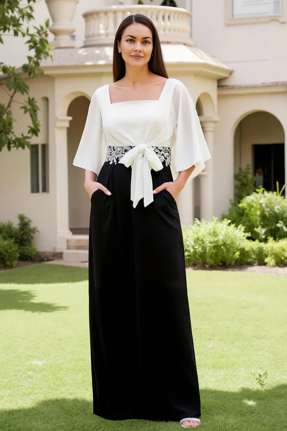 Sheath Square Neck Flutter Sleeve Zipper Up Floor-Length Mother of the Bride Dress