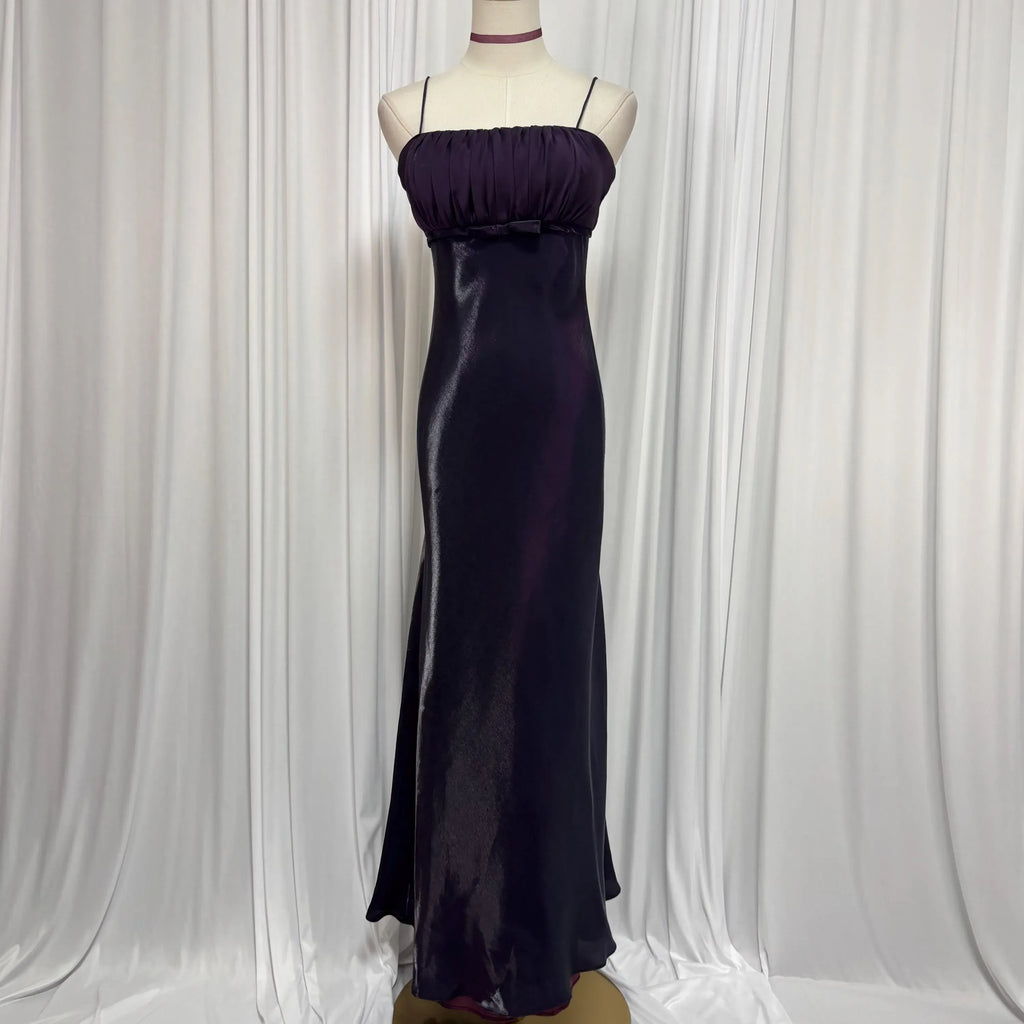 Prom Dress For Prom Night Elegant Dark Purple Sheath With Spaghetti Straps Pleated Bodice Bow Waist Long