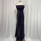 Prom Dress For Prom Night Elegant Dark Purple Sheath With Spaghetti Straps Pleated Bodice Bow Waist Long