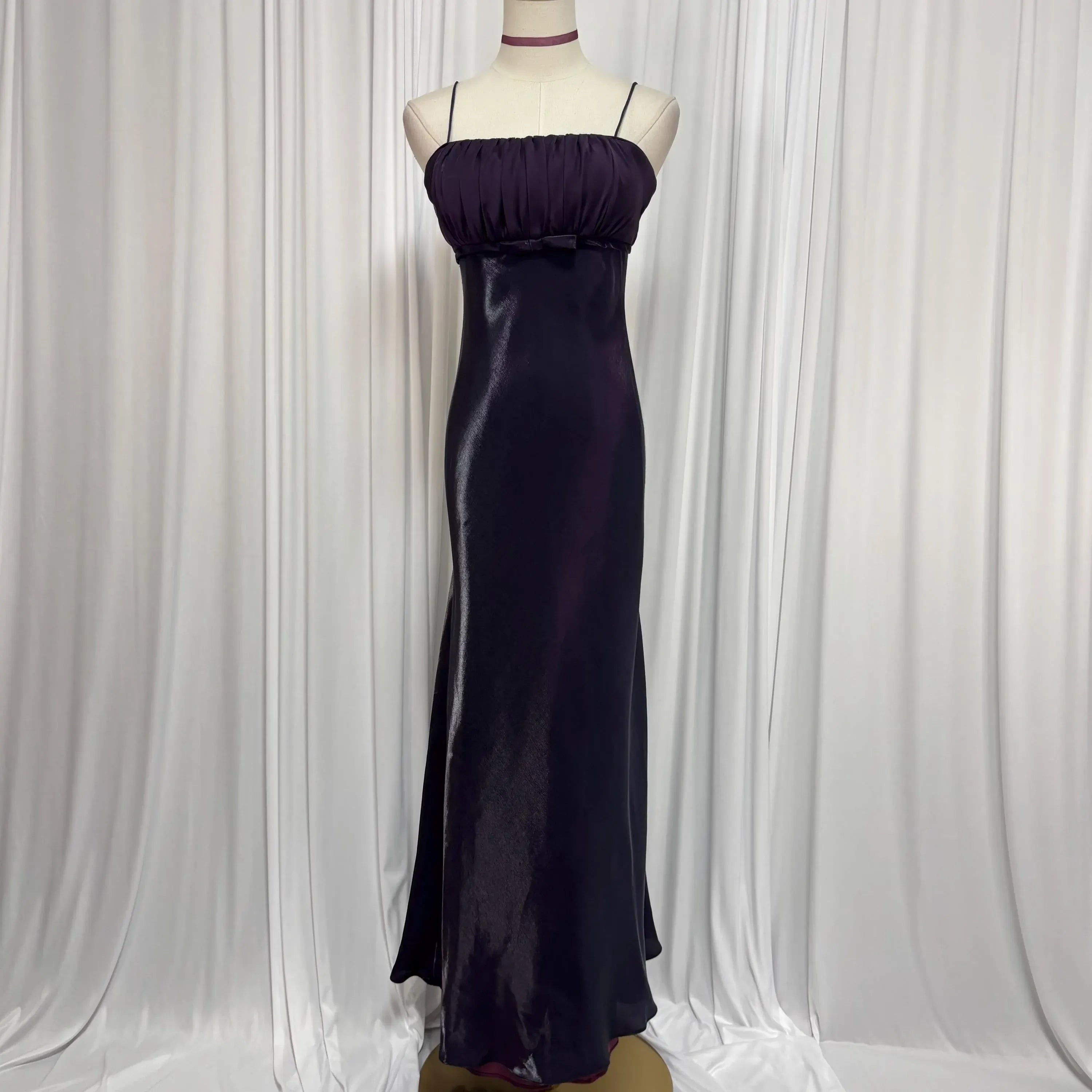 Prom Dress For Prom Night Elegant Dark Purple Sheath With Spaghetti Straps Pleated Bodice Bow Waist Long