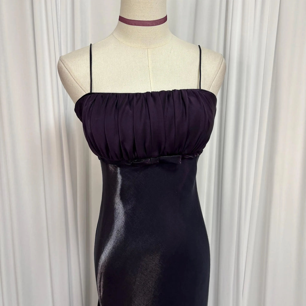 Prom Dress For Prom Night Elegant Dark Purple Sheath With Spaghetti Straps Pleated Bodice Bow Waist Long