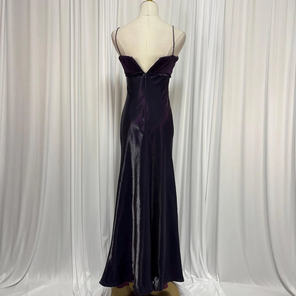 Prom Dress For Prom Night Elegant Dark Purple Sheath With Spaghetti Straps Pleated Bodice Bow Waist Long