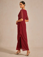 Elegant Sheath V-Neck Half Sleeve Beaded Red Maxi Evening Dress for Women Ready to Ship