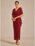 Elegant Sheath V-Neck Half Sleeve Beaded Red Maxi Evening Dress for Women Ready to Ship