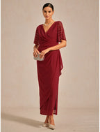 Elegant Sheath V-Neck Half Sleeve Beaded Red Maxi Evening Dress for Women Ready to Ship