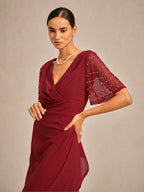 Elegant Sheath V-Neck Half Sleeve Beaded Red Maxi Evening Dress for Women Ready to Ship