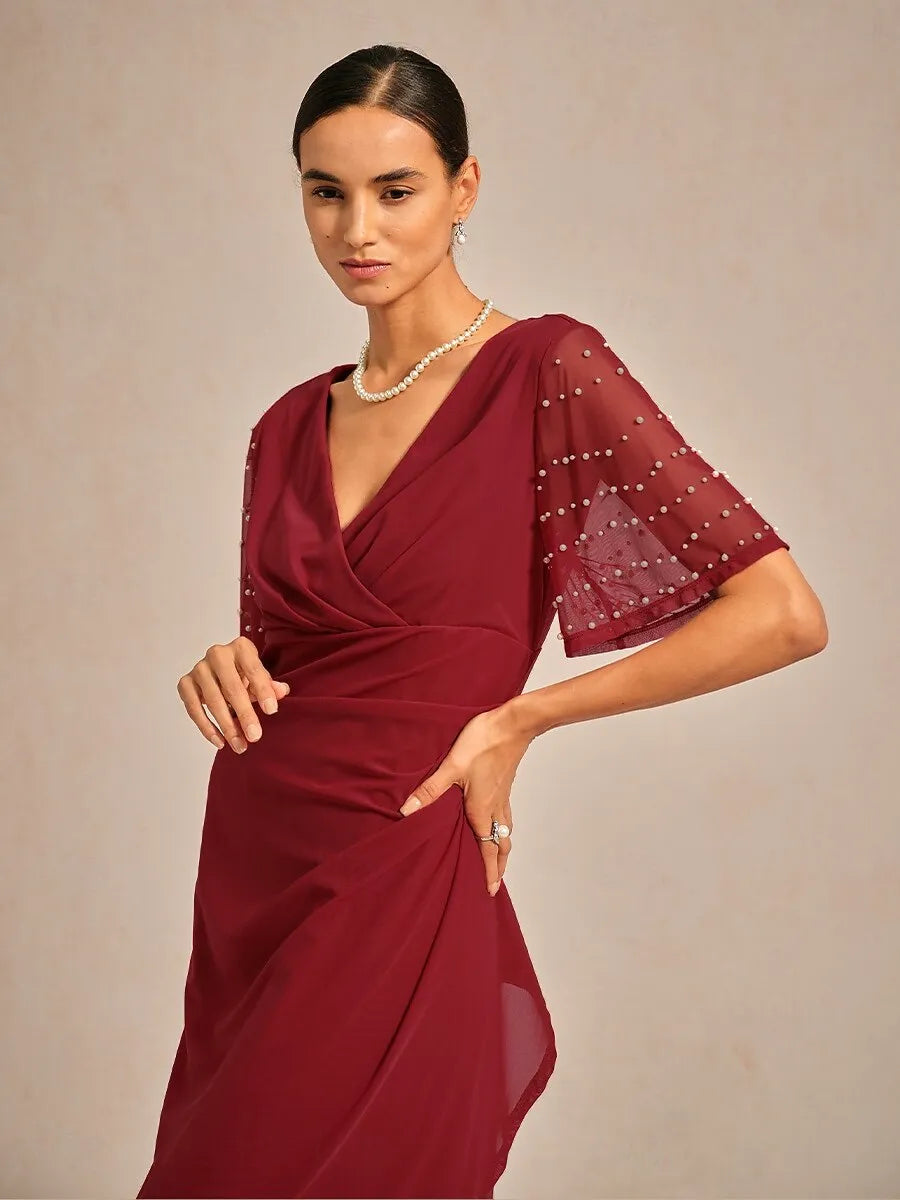 Elegant Sheath V-Neck Half Sleeve Beaded Red Maxi Evening Dress for Women Ready to Ship