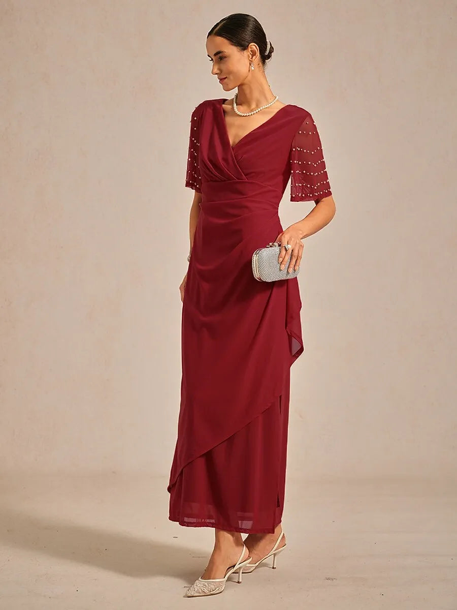 Elegant Sheath V-Neck Half Sleeve Beaded Red Maxi Evening Dress for Women Ready to Ship