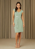 Dress Elegant Dusty Sage Sheath V-Neck Pleated Dress Knee-Length Cap Sleeve Back Zip Mother of the Bride Dress