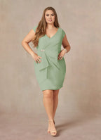 Dress Elegant Dusty Sage Sheath V-Neck Pleated Dress Knee-Length Cap Sleeve Back Zip Plus Size Mother of the Bride Dress