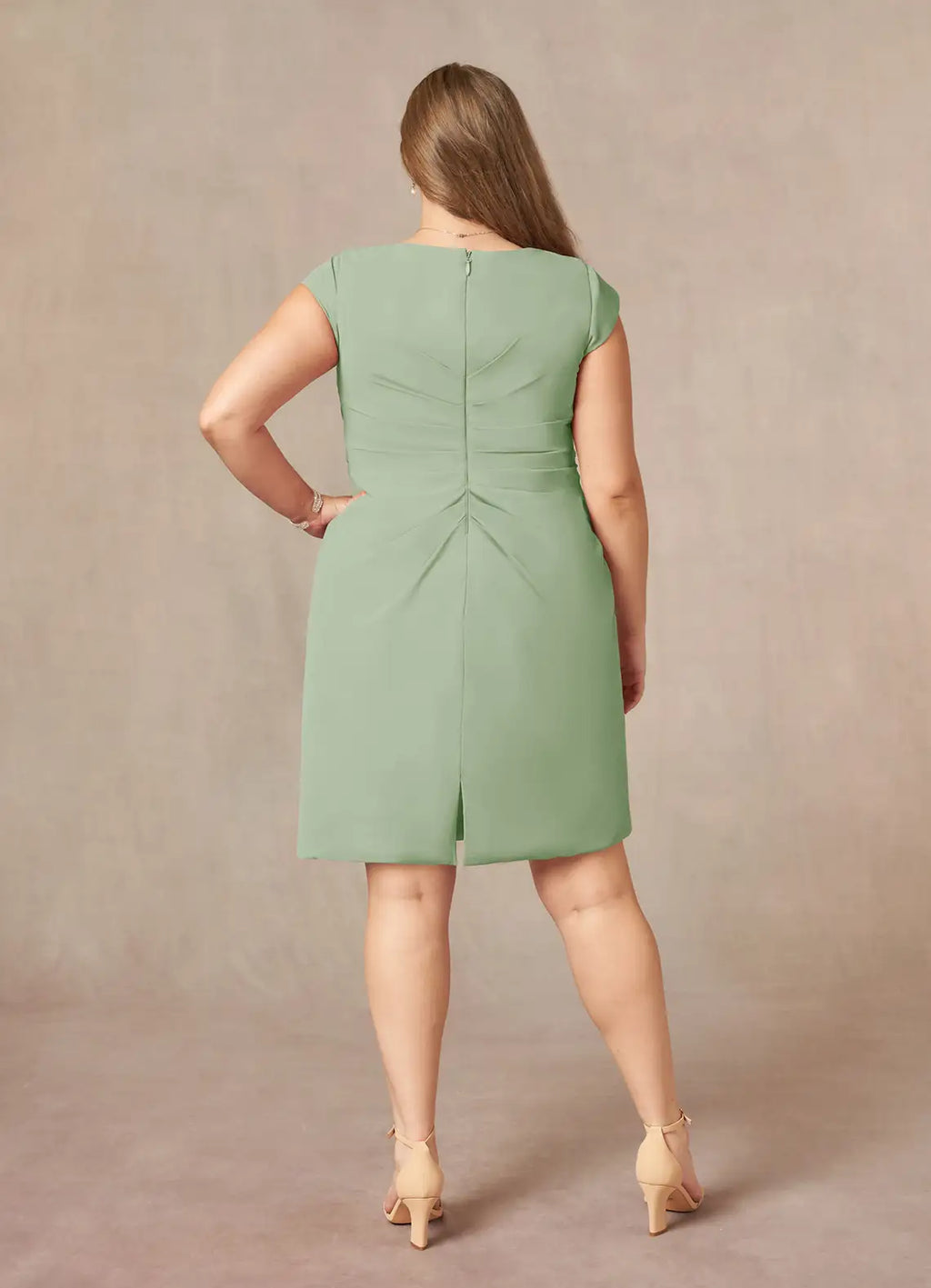 Dress Elegant Dusty Sage Sheath V-Neck Pleated Dress Knee-Length Cap Sleeve Back Zip Plus Size Mother of the Bride Dress