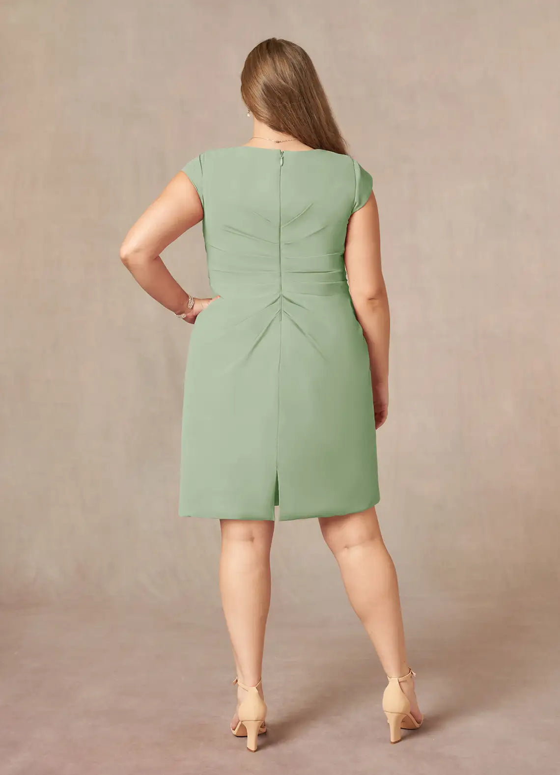 Dress Elegant Dusty Sage Sheath V-Neck Pleated Dress Knee-Length Cap Sleeve Back Zip Plus Size Mother of the Bride Dress