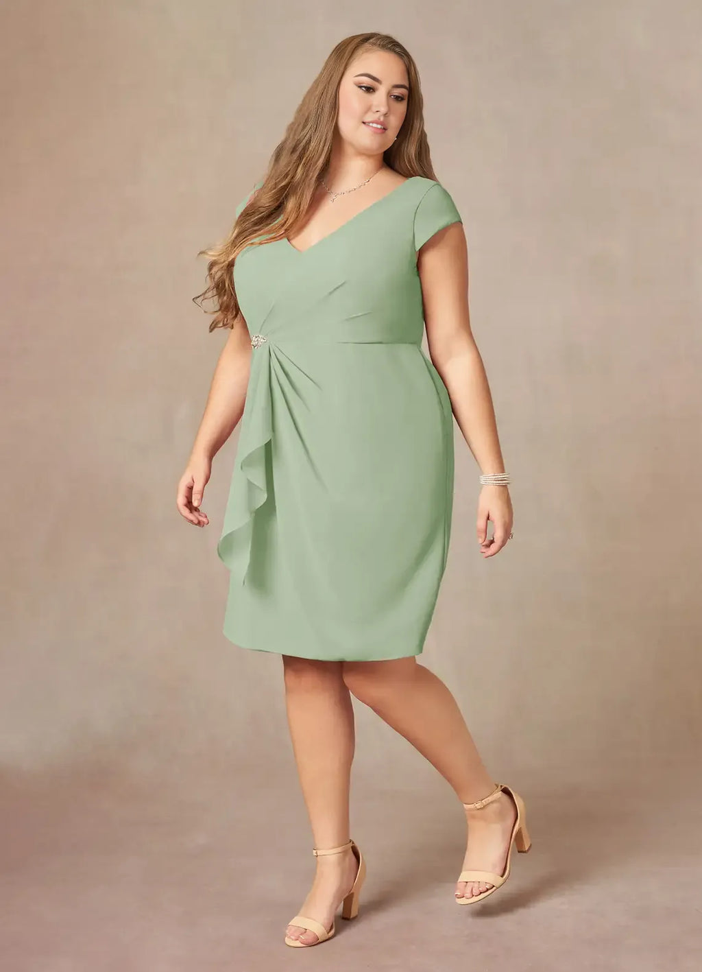 Dress Elegant Dusty Sage Sheath V-Neck Pleated Dress Knee-Length Cap Sleeve Back Zip Plus Size Mother of the Bride Dress