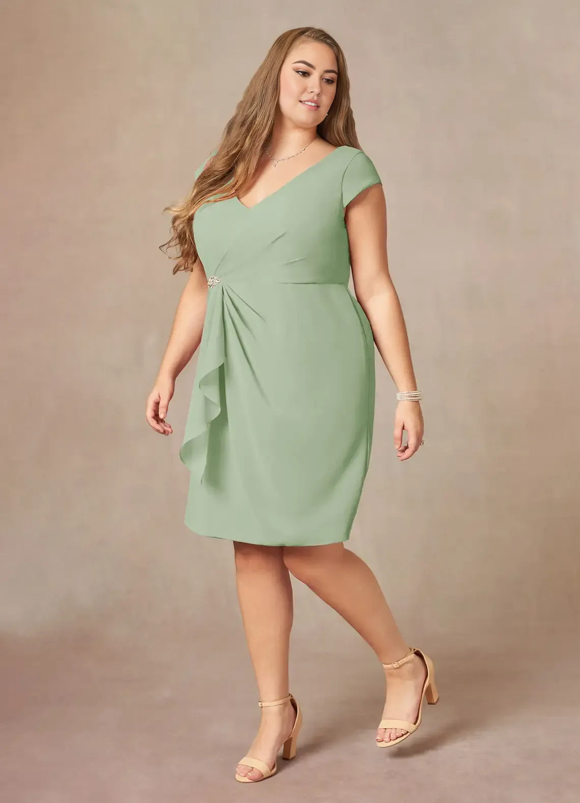 Dress Elegant Dusty Sage Sheath V-Neck Pleated Dress Knee-Length Cap Sleeve Back Zip Plus Size Mother of the Bride Dress
