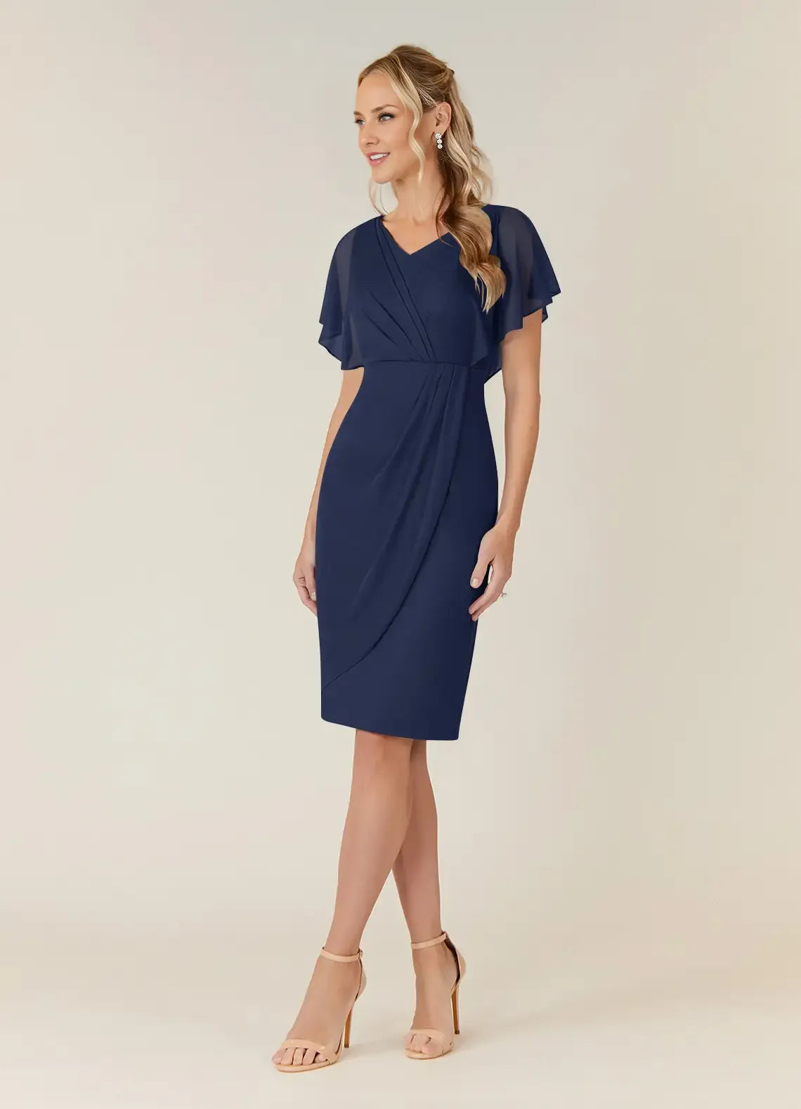 Sheath V Neck Flutter Sleeve Back Zip Knee-Length Mother of the Bride Dress
