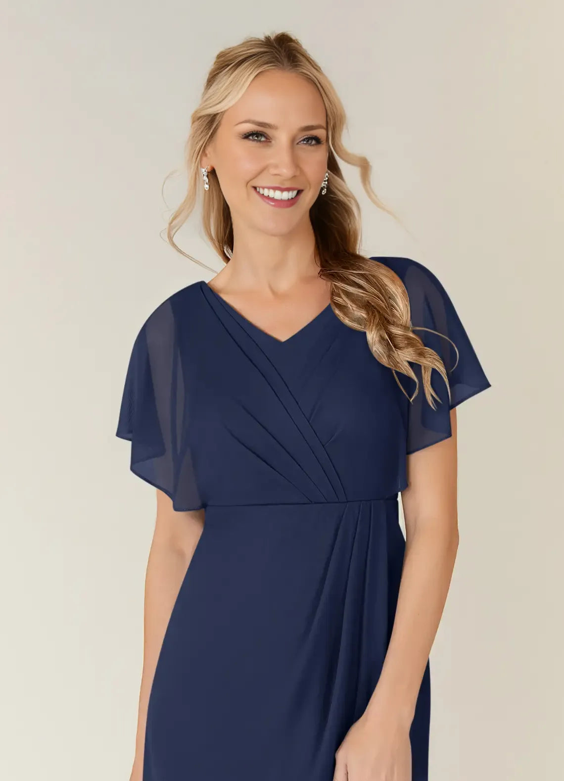 Sheath V Neck Flutter Sleeve Back Zip Knee-Length Mother of the Bride Dress