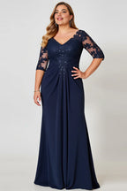 Sheath V Neck Short Sleeve Backless Floor-Length Plus Size Mother of the Bride Dress