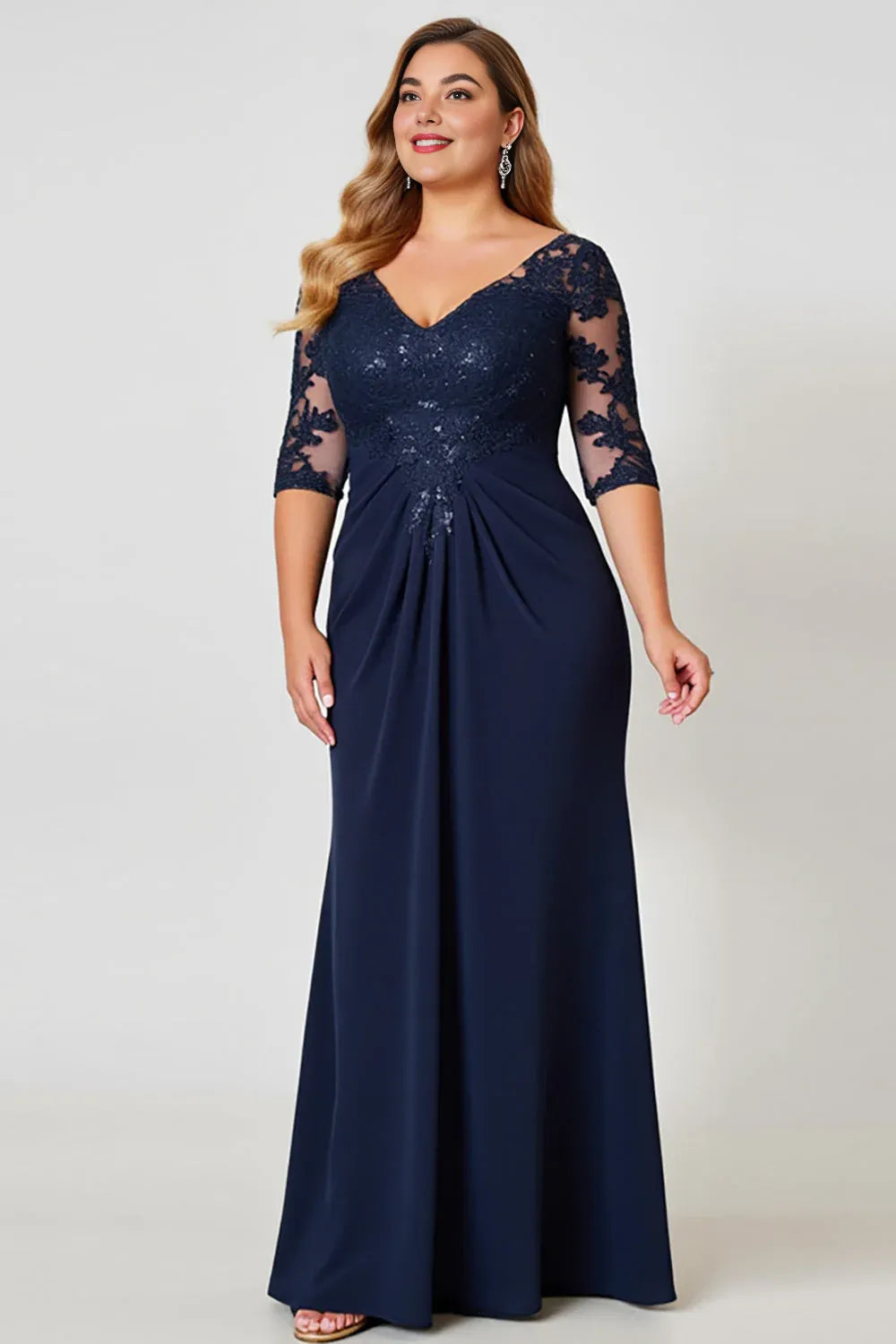 Sheath V Neck Short Sleeve Backless Floor-Length Plus Size Mother of the Bride Dress