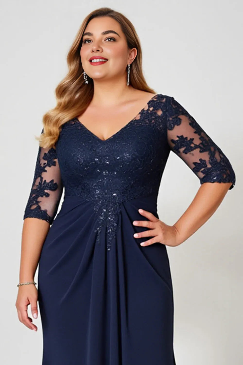 Sheath V Neck Short Sleeve Backless Floor-Length Plus Size Mother of the Bride Dress