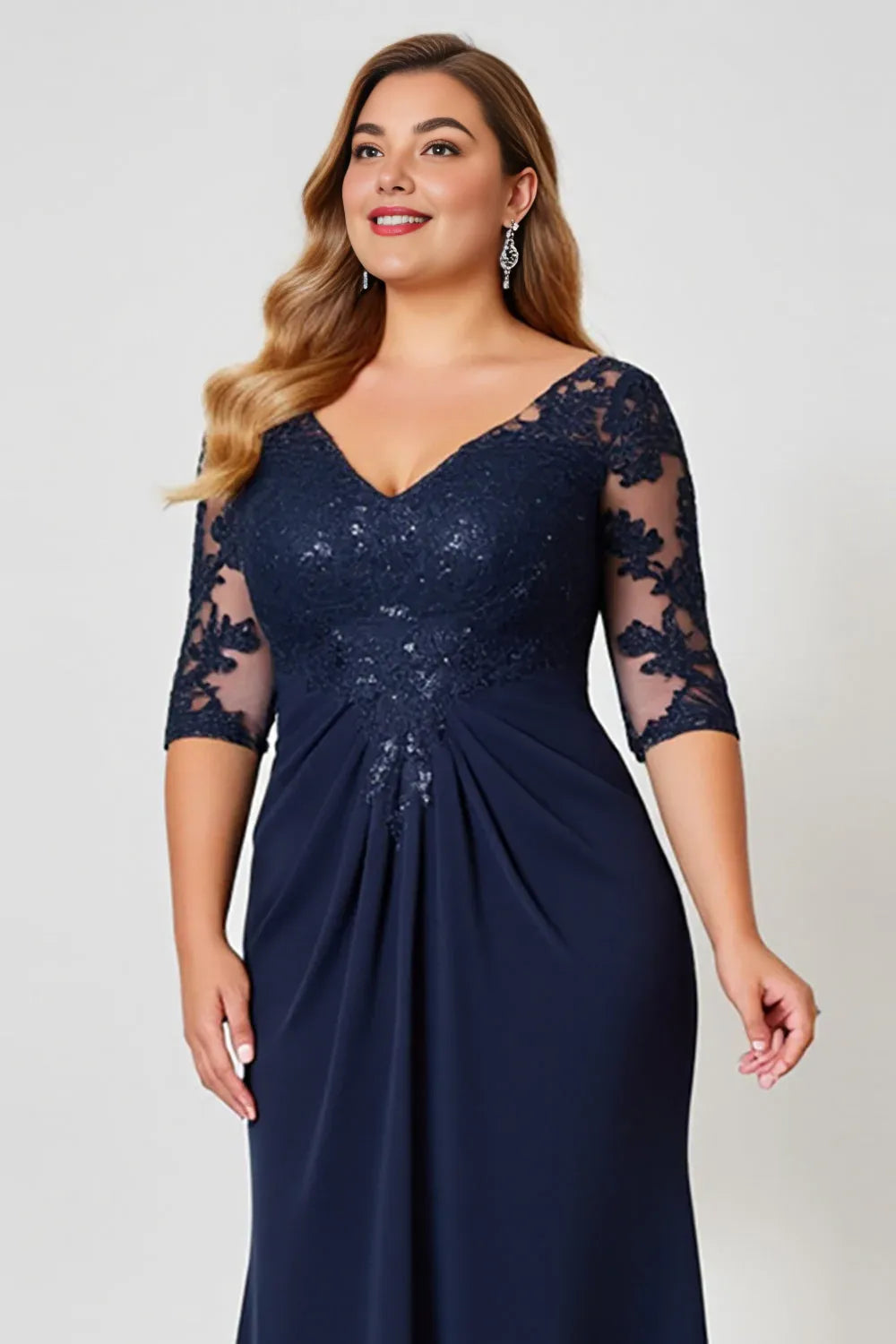 Sheath V Neck Short Sleeve Backless Floor-Length Plus Size Mother of the Bride Dress