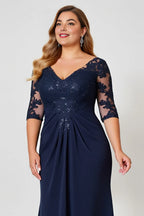 Sheath V Neck Short Sleeve Backless Floor-Length Plus Size Mother of the Bride Dress